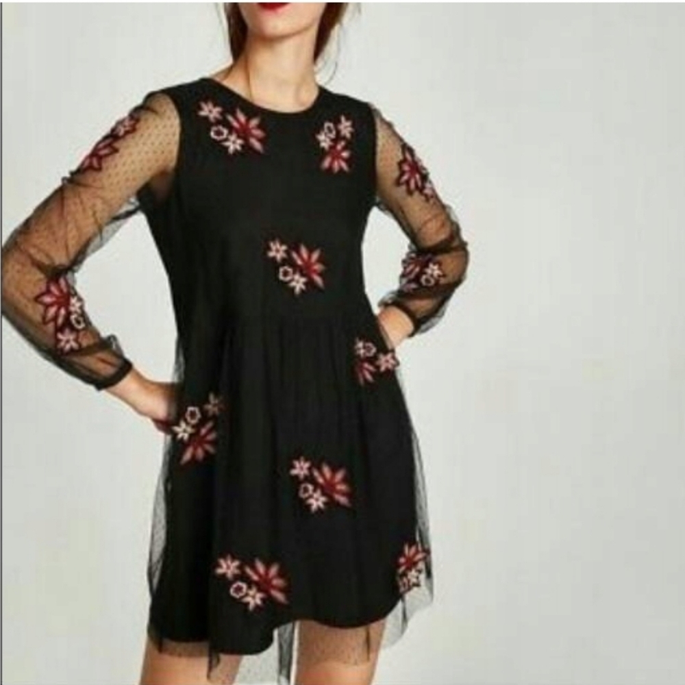 Zara Black Mesh Dress with Red Floral Embroidery